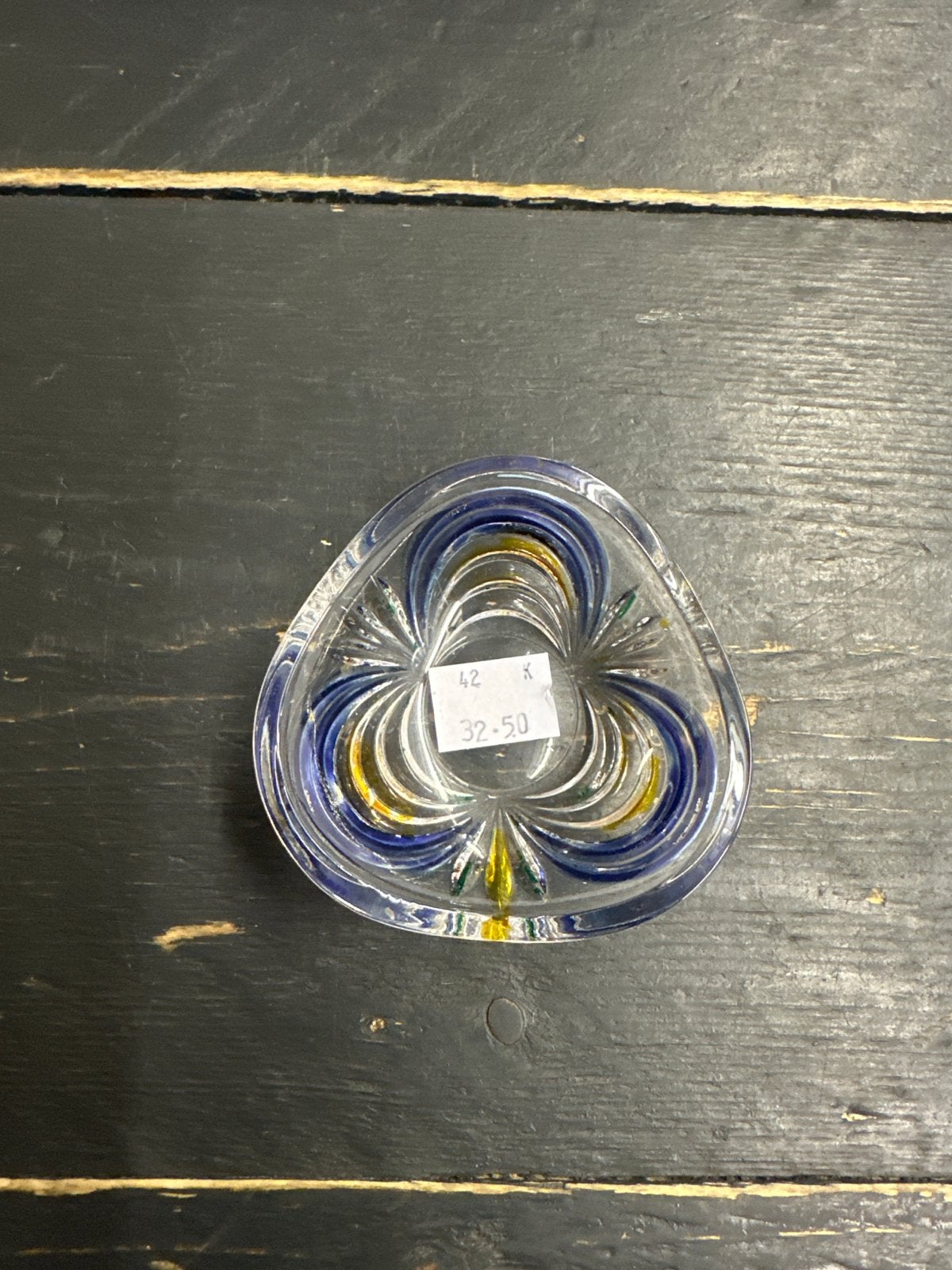Vintage Glazen Asbak/Schaaltje met Blauw en Geel Decor, Ophalen of Verzenden