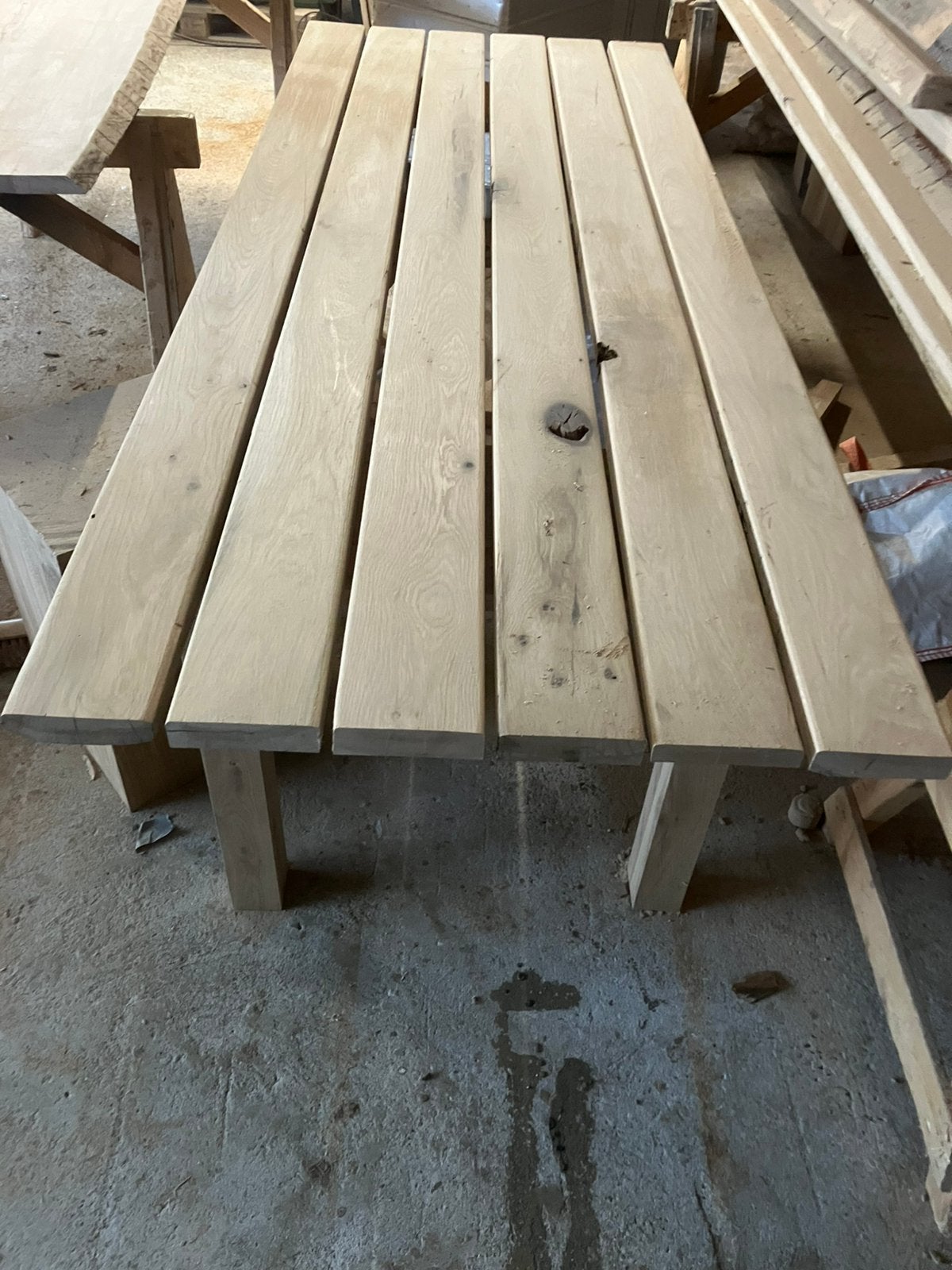 Eiken tuin tafel balken tafel met houten onderstel, Tuin en Terras, Ophalen of Verzenden, Zo goed als nieuw