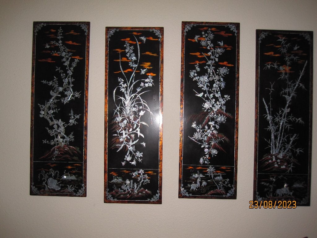 Set van 4 prachtige antieke Vietnamese laqué panelen, Antiek en Kunst, Ophalen of Verzenden