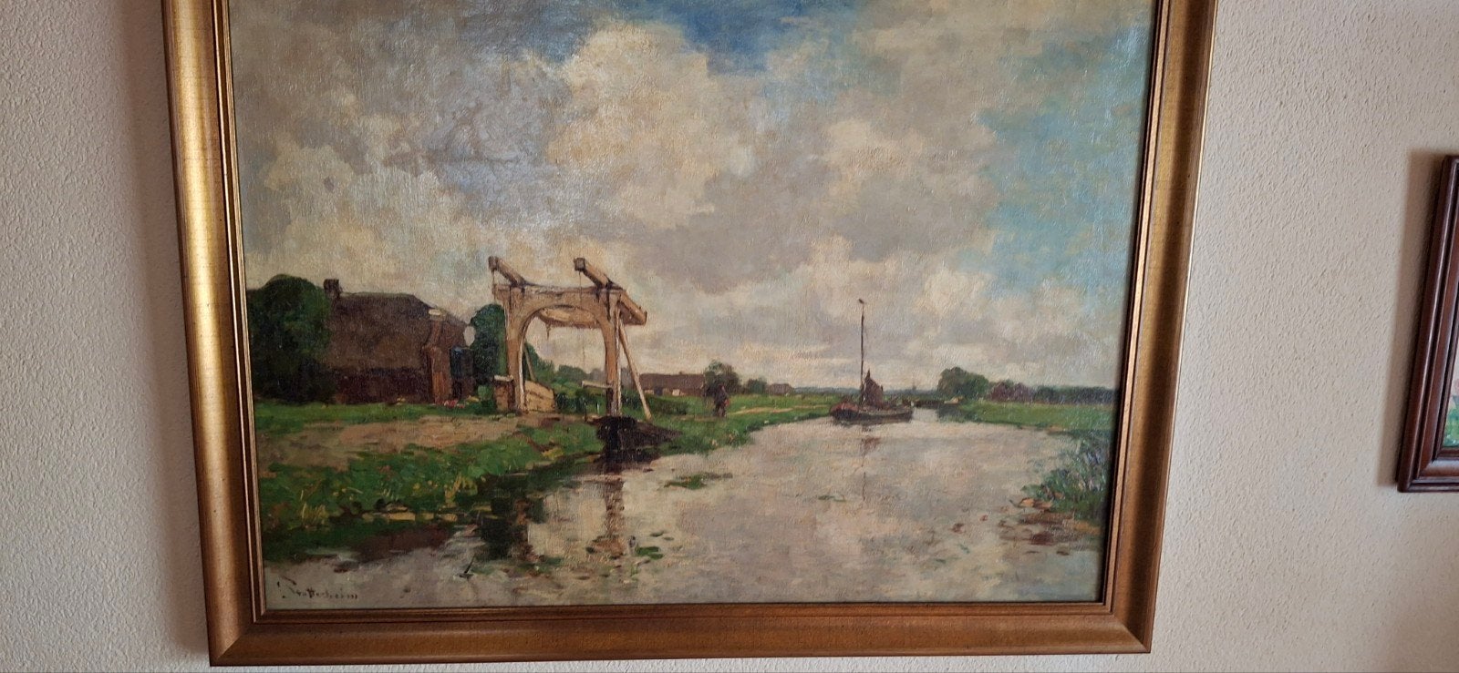 LouisStutterheim: Hollands Landschap met Ophaalbrug en Schip, Doek, Origineel werk, Ophalen of Verzenden, Landschap