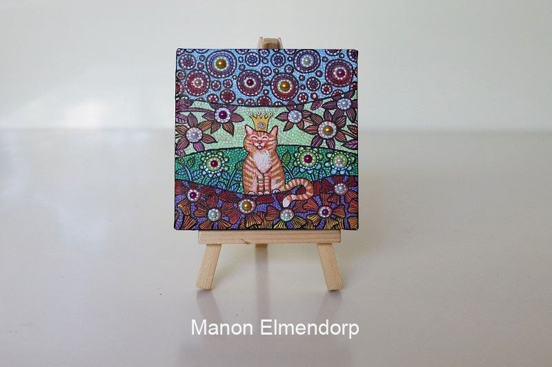 Uniek Handgeschilderd Schilderijtje incl Ezeltje Rode Kat, Ophalen of Verzenden, Gelakt/vernis, Acrylverf, Dieren