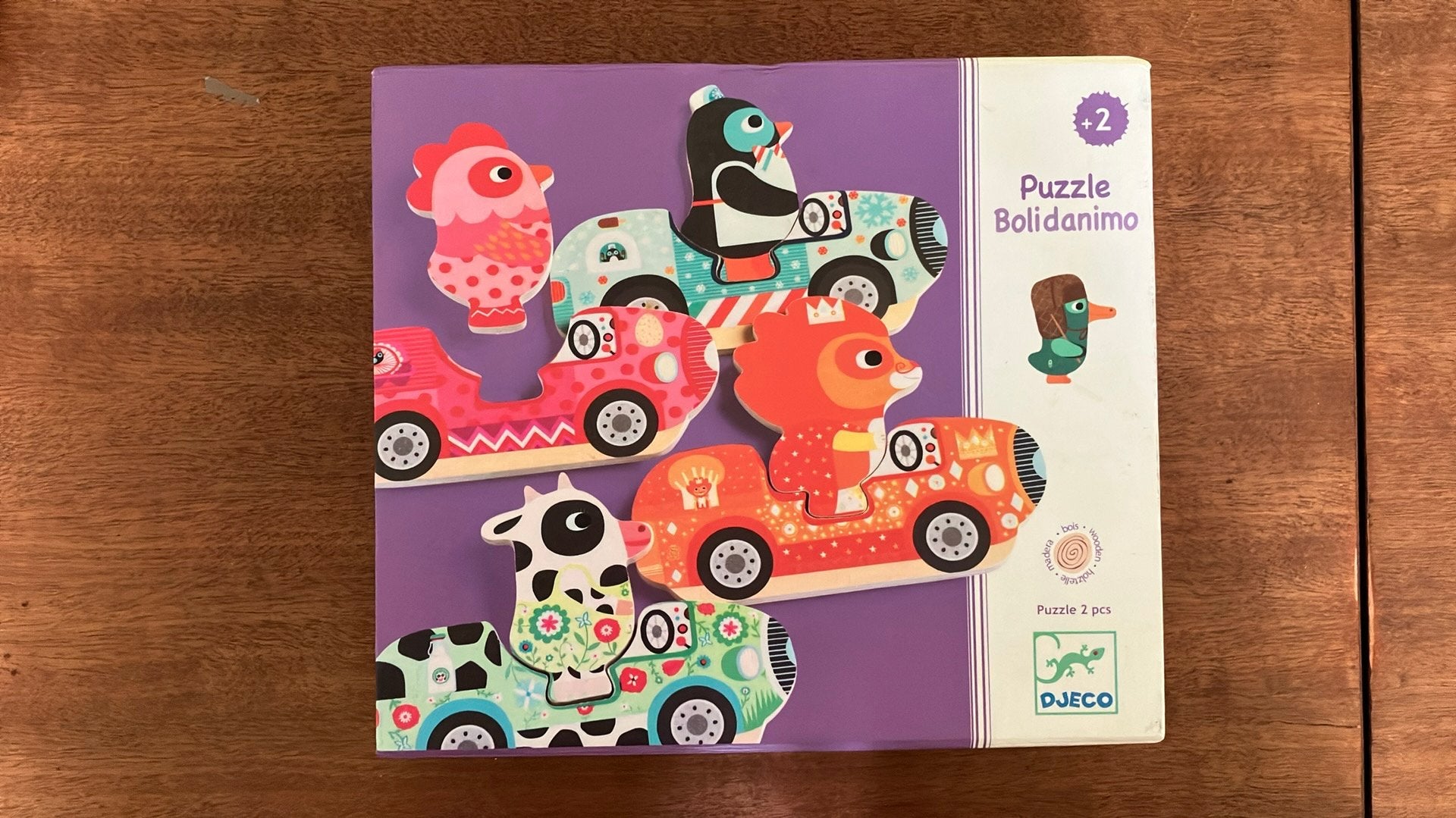 Djeco Puzzle Bolidanimo hout puzzel autos dieren, Ophalen of Verzenden, Zo goed als nieuw