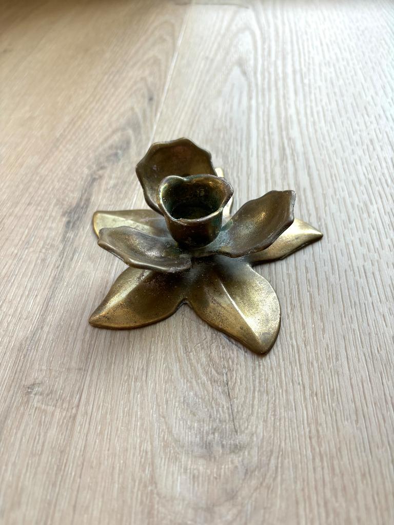 Vintage messing kandelaar lotus, Ophalen of Verzenden, Koper of Brons