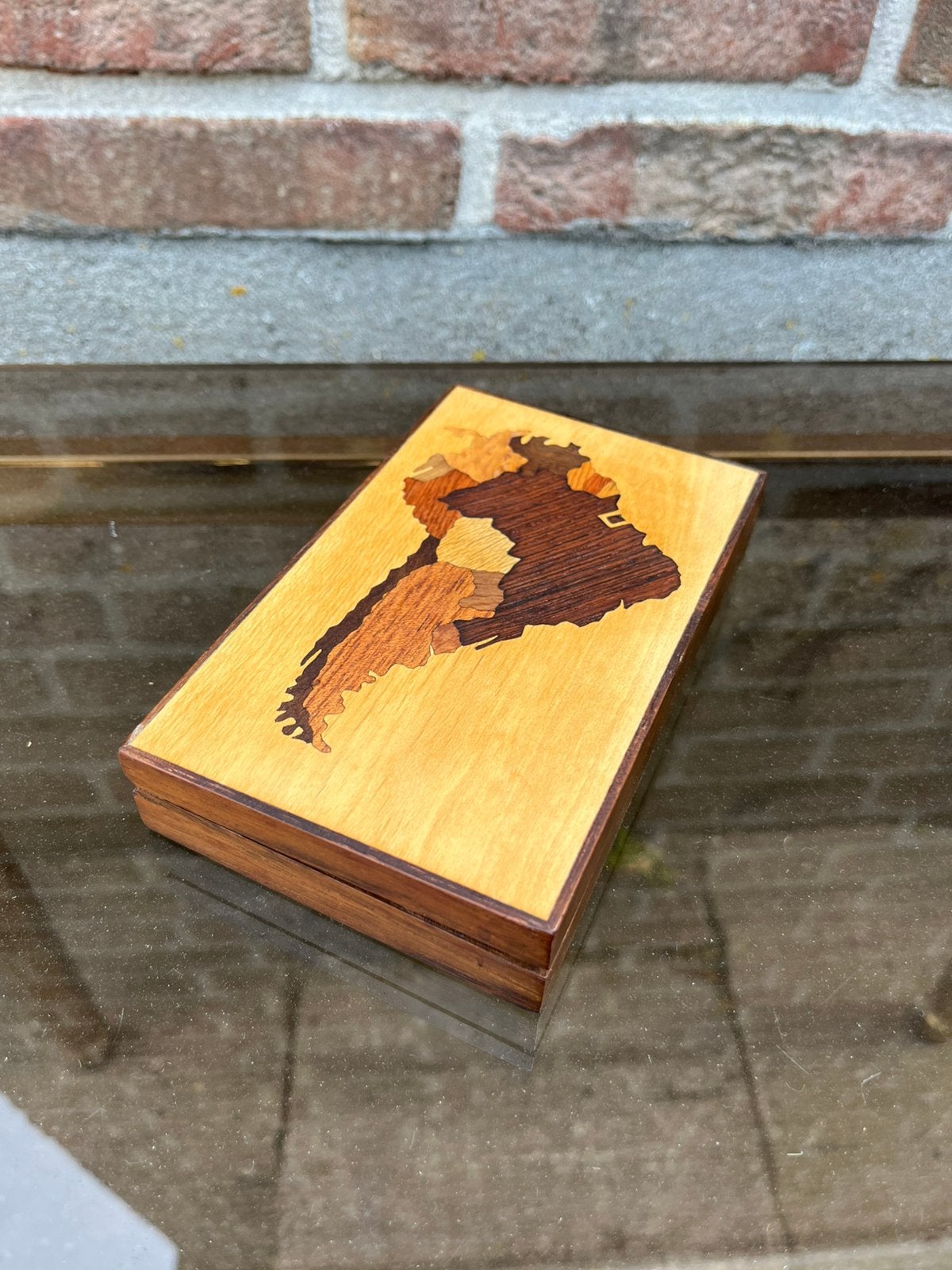 Vintage houten doos met marqueterie-inleg van Zuid-Amerika, Antiek en Kunst, Ophalen of Verzenden