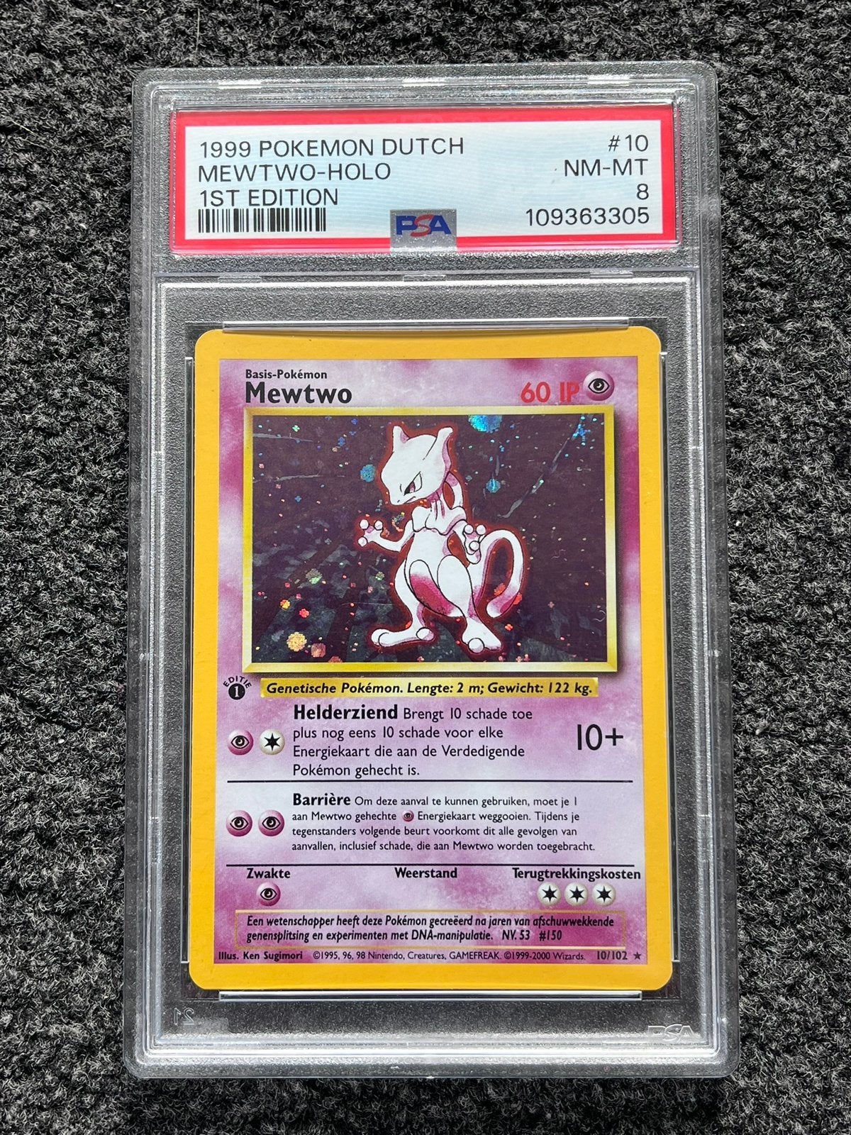 Pokémon PSA 8 1st edition Dutch Mewtwo Holo #10 Base set, Ophalen of Verzenden, Zo goed als nieuw, Losse kaart, Foil