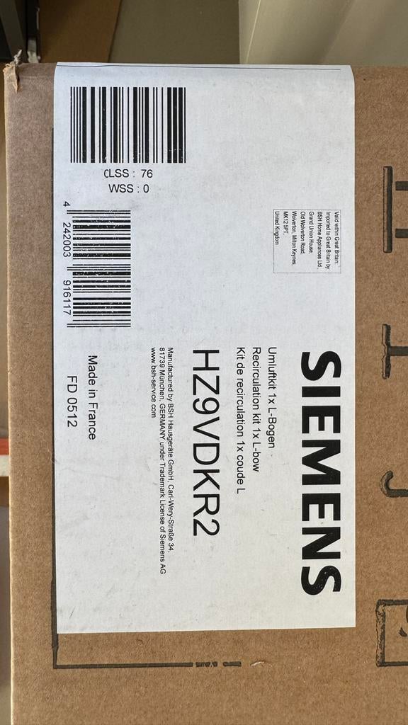 Siemens HZ9VDKR2  recirculatie kit, Overige typen, Nieuw, Ophalen of Verzenden, 600 tot 800 m³ per uur
