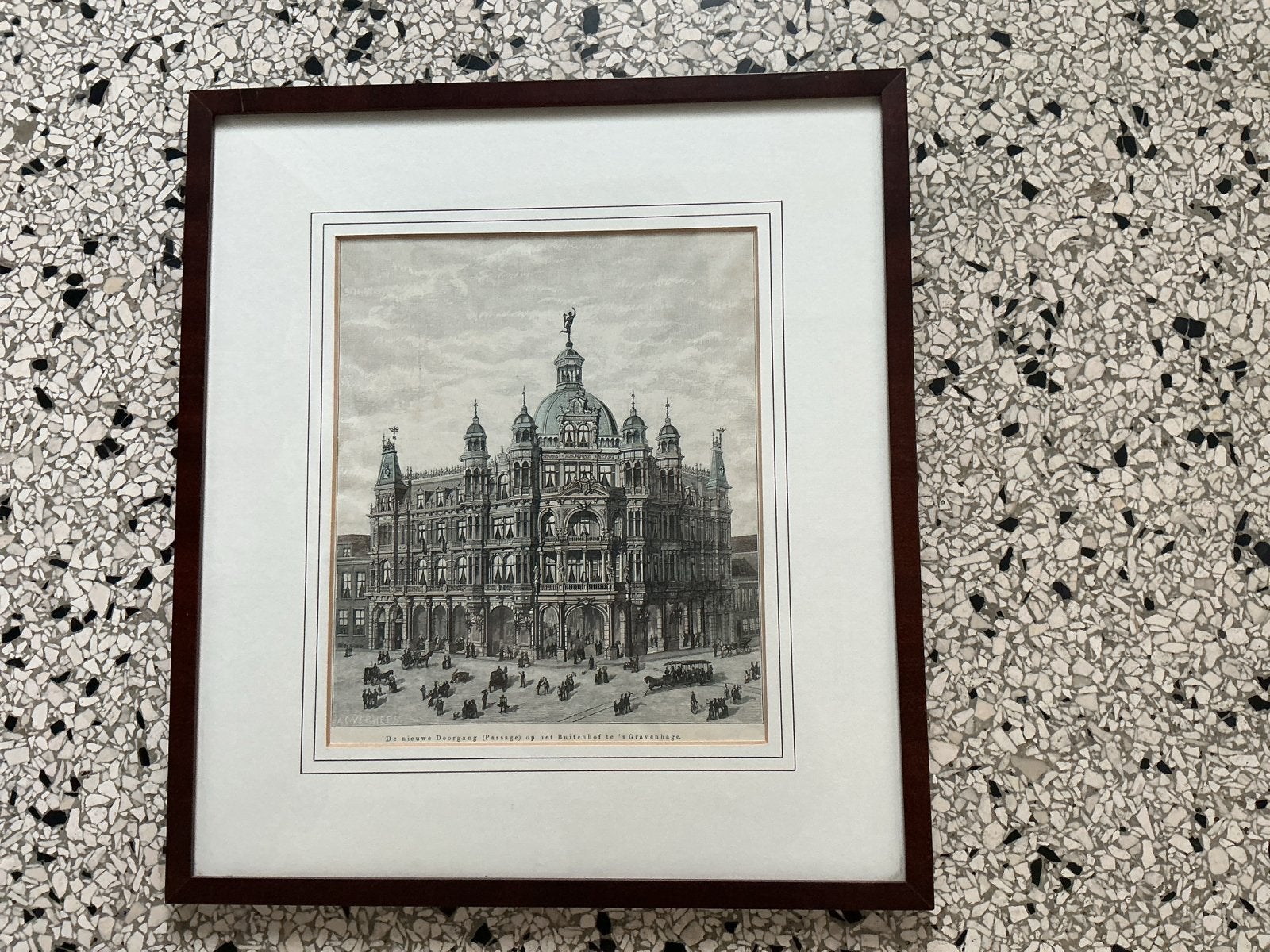 Houtgravure v AC Verhees Den Haag Passage anno 1890, Antiek en Kunst, Ophalen, Ingelijst, 1800 - 1899, Stadsgezicht