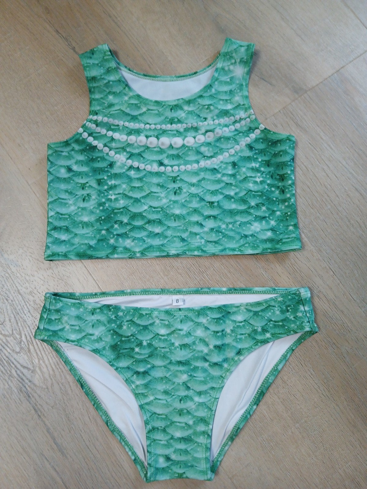 Zgan zeemeermin bikini maat 8 (=128) groen, Bikiniset, Meisje, Zo goed als nieuw, Ophalen of Verzenden