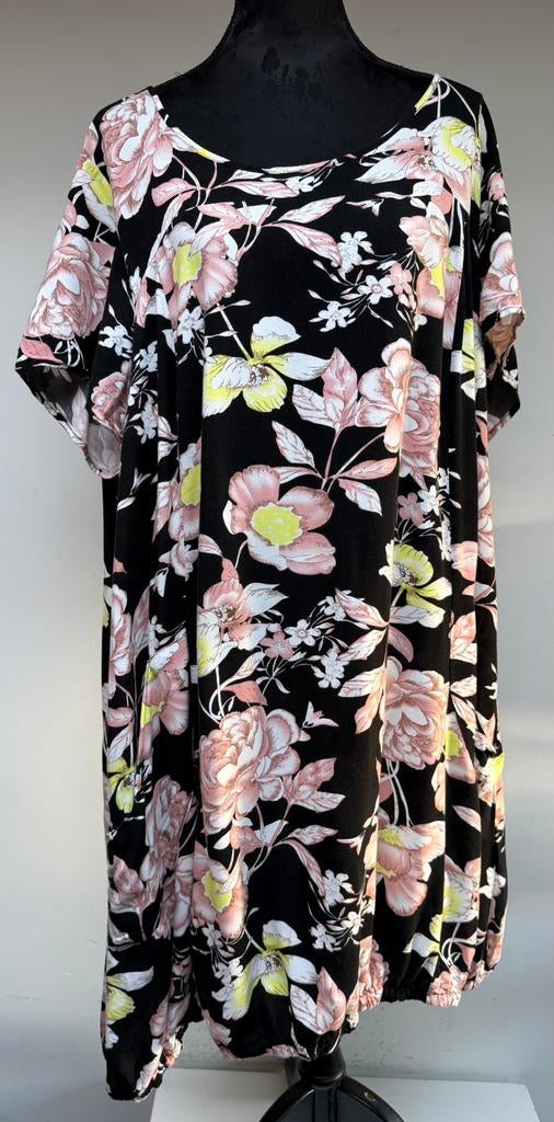 Superleuke zwarte jurk geel/roze bloemen ZIZZI mt XL (52/54), Ophalen of Verzenden, Zo goed als nieuw, Geel, Jurk