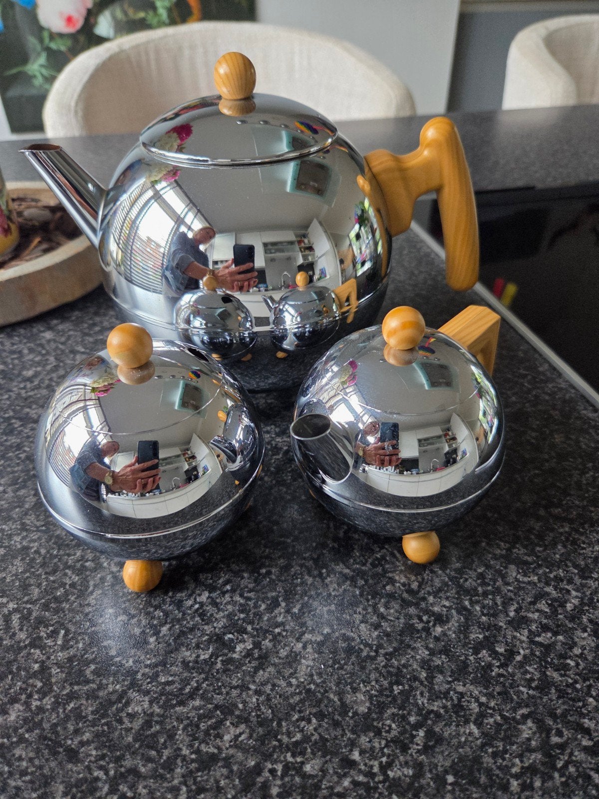 Bredemeijer theepot met suiker- en melkkan, Theepot/fluitketel, Bredemeijer, Zilver, Ophalen of Verzenden