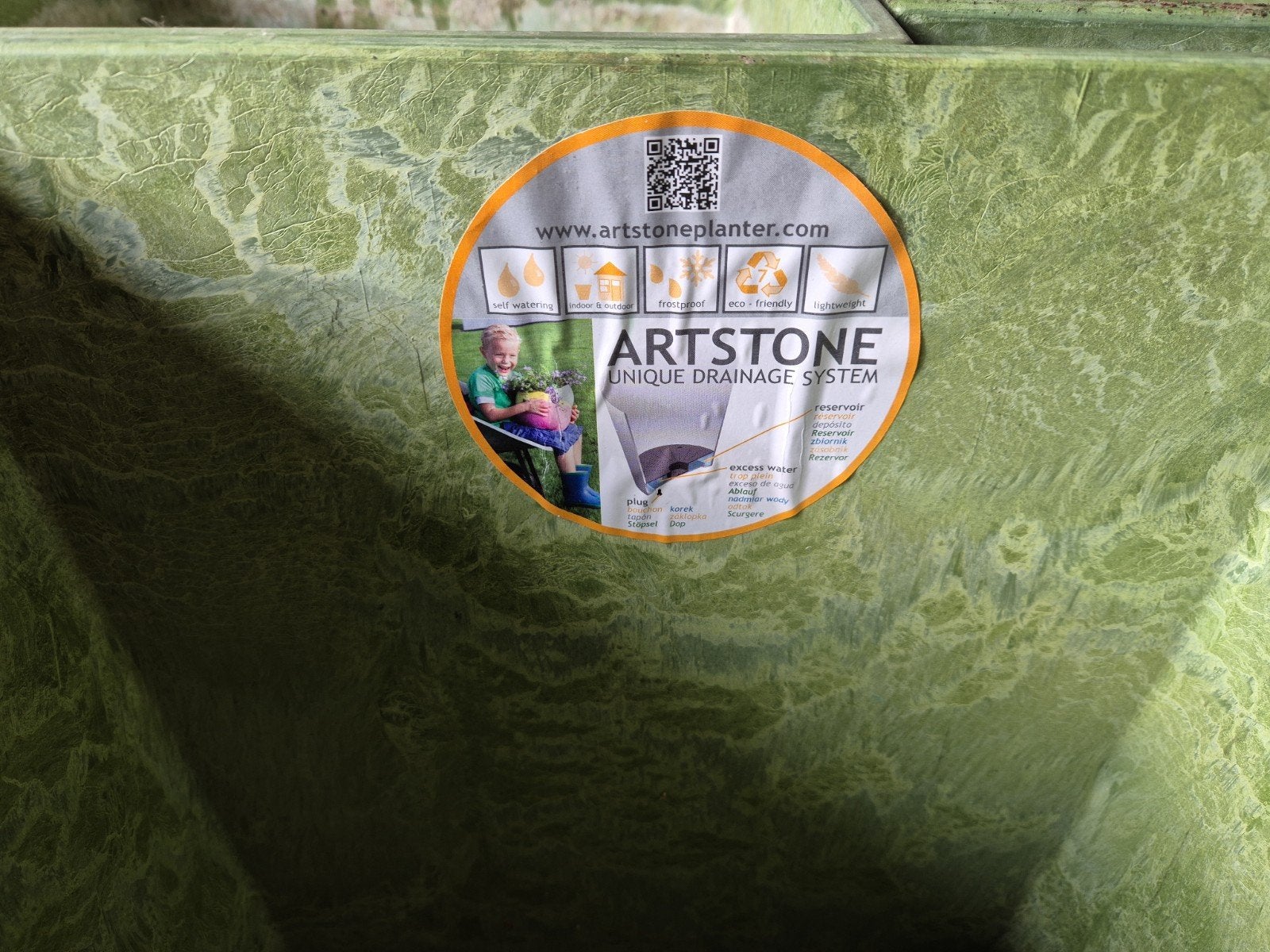 Grote partij Artstone bloempotten - diverse maten, Ophalen, Kunststof, Gebruikt, 40 cm of meer