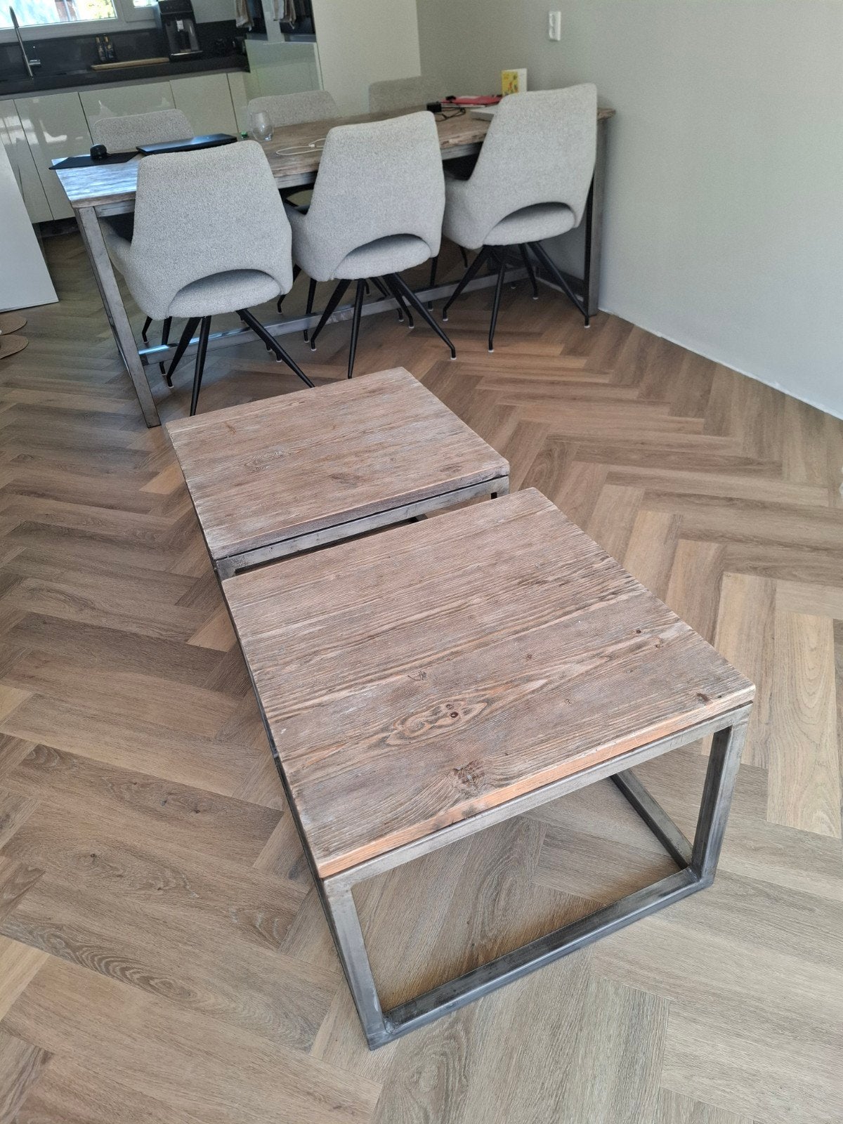 Set van 2 industriële salontafels, hout en metaal, Overige houtsoorten, 50 tot 100 cm, Vierkant, Industrieel, Modern