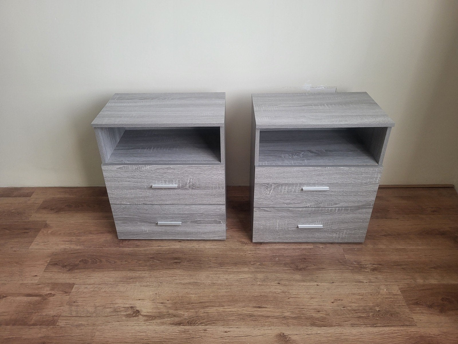 Nachtkastjes set van 2 - Grijs houtlook - 50x32x60 cm, Ophalen, Gebruikt, Minder dan 45 cm, 55 tot 70 cm