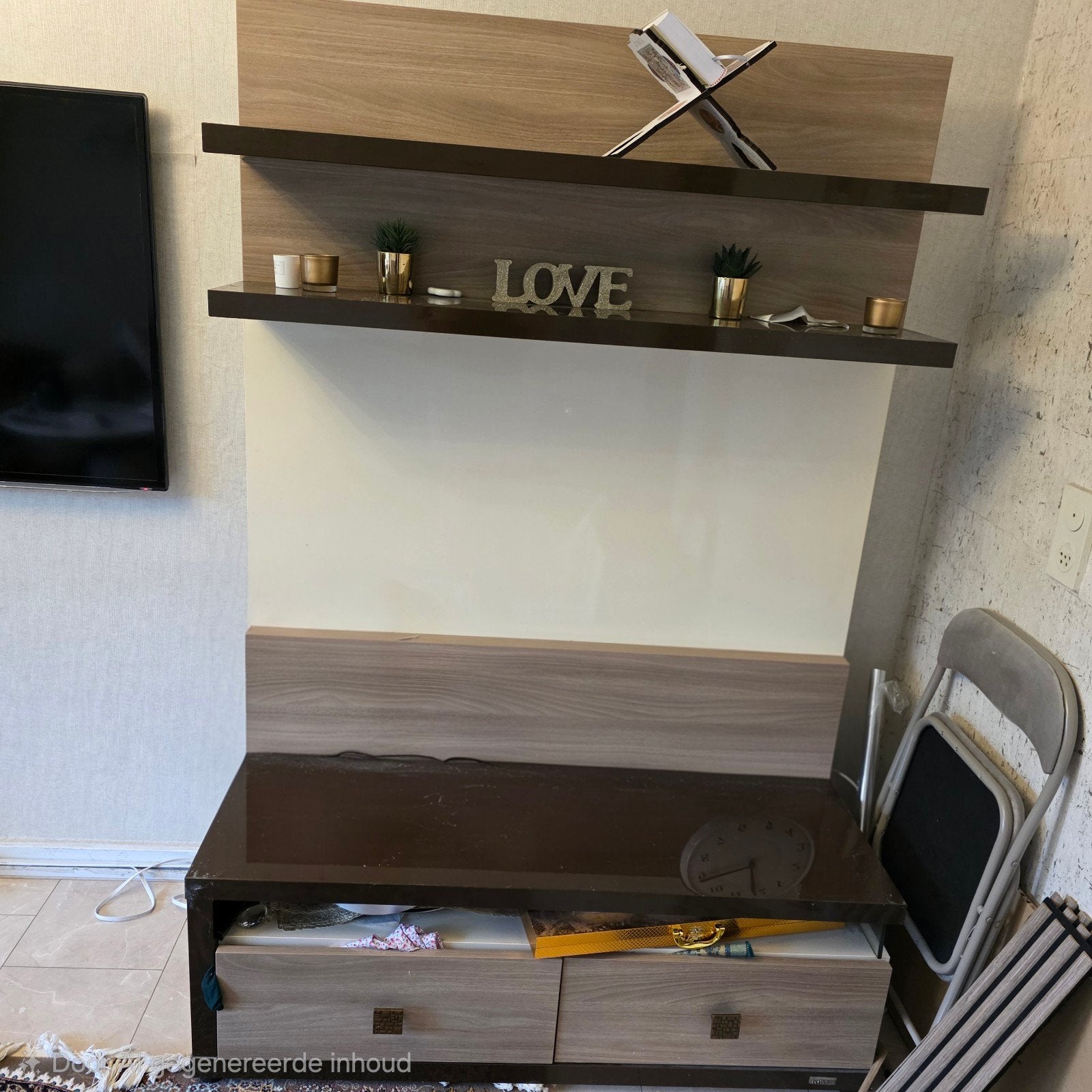 Moderne tv-meubel met planken en opbergruimte, Ophalen, Gebruikt, 100 tot 150 cm, Overige houtsoorten