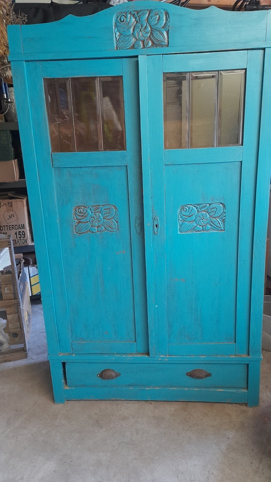 Meidenkast opknapper - Turquoise met houtsnijwerk, Ophalen