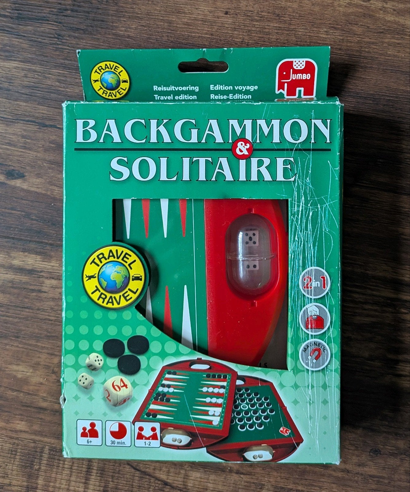 Jumbo Reis Backgammon & Solitaire 2-in-1 Spel, Hobby en Vrije tijd, Jumbo, Een of twee spelers, Nieuw, Ophalen of Verzenden