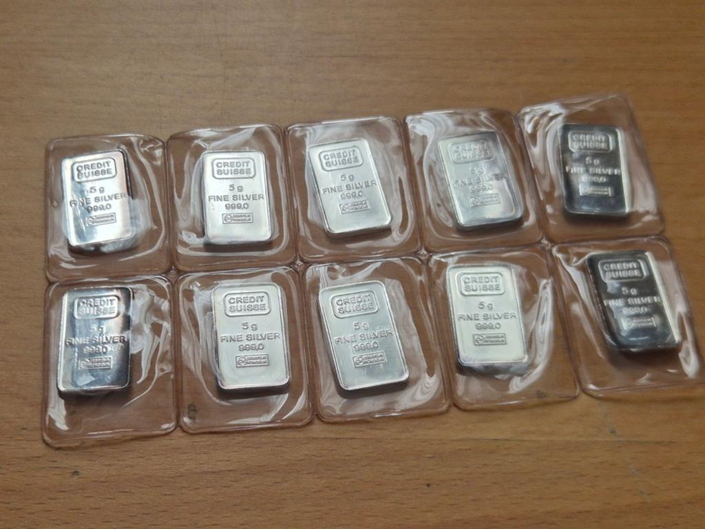 Credit Suisse: 10 x 5 gram zilverbaar. Vintage silver bars!, Ophalen of Verzenden, Zilver