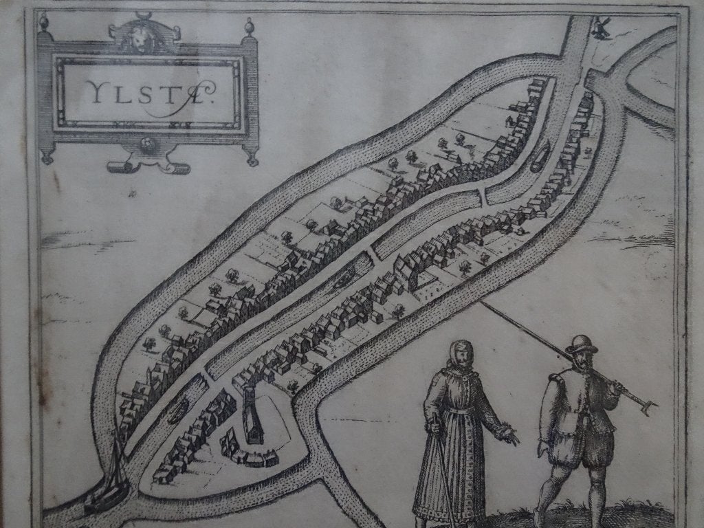 gravure plattegrond IJlst, Friesland Braun en Hogenberg 1592, Antiek en Kunst, Cartografie, Gravure, Origineel, 1600 - 1699
