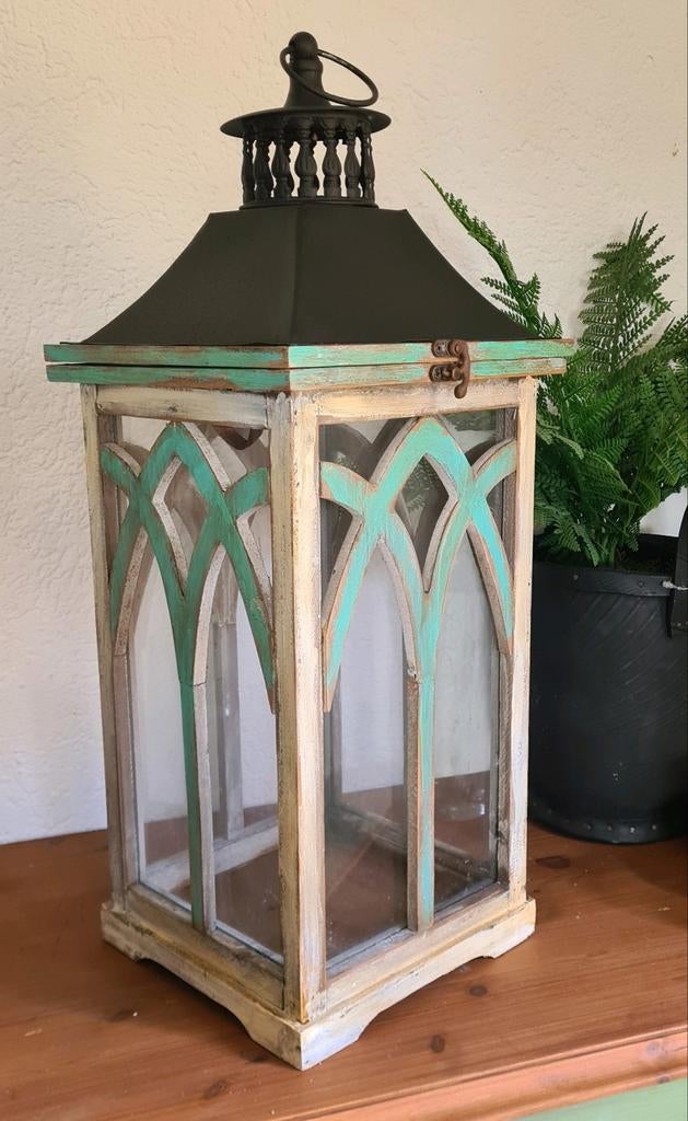 Houten lantaarn 65 cm windlicht ibiza beach turquoise wit, 50 tot 75 cm, Ophalen of Verzenden, Zo goed als nieuw, Hout
