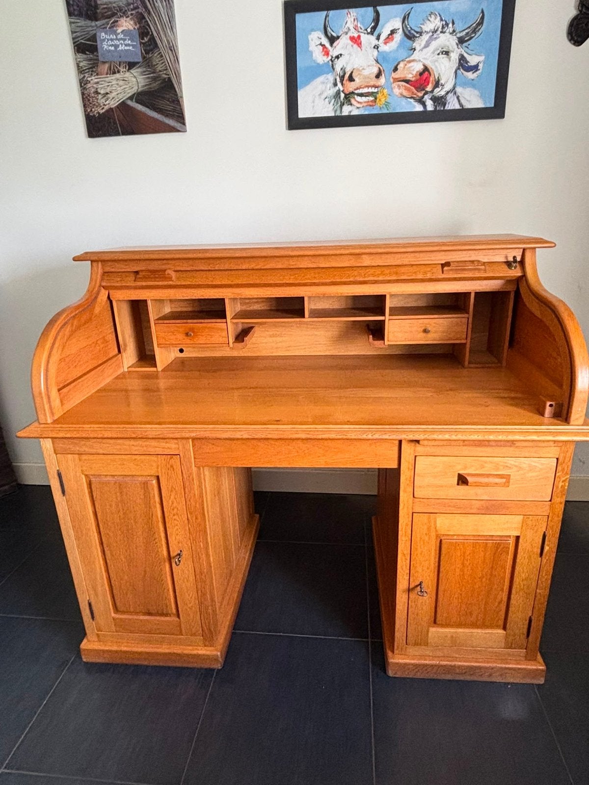 Secretaire,eikenhouten rolluikbureau met opbergruimte, Huis en Inrichting, Bureaus, Gebruikt, Secretaire, Overige merken, Vintage