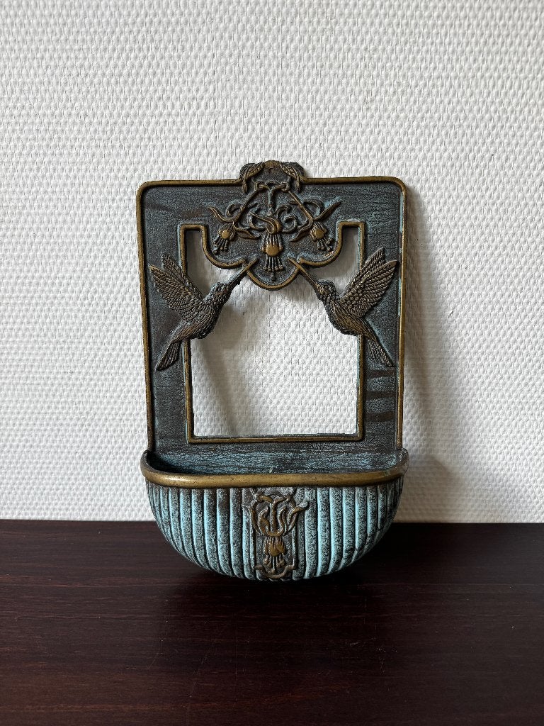 Vintage Bronzen Wandpot, Wijwatervat, Bloempot, Vogels, Ophalen of Verzenden, Brons
