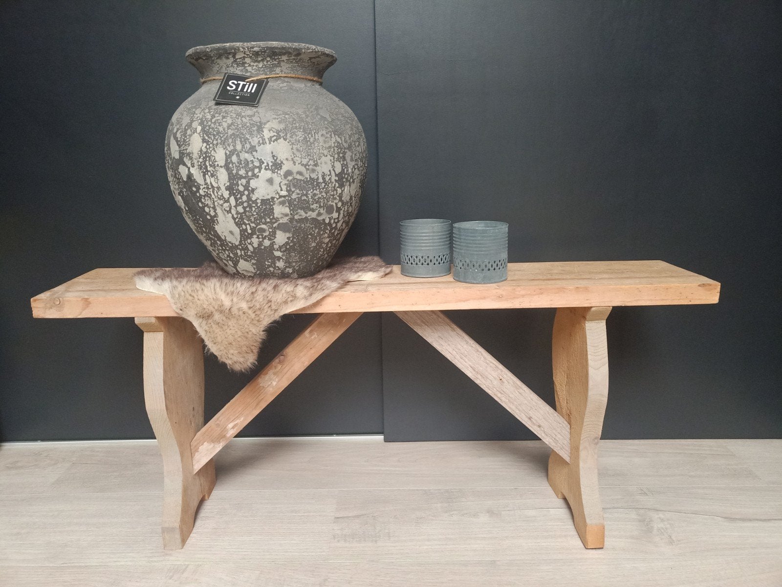 Sober/stoer landelijk bankje met STILL  kruikpot + decoratie, Ophalen, Hout