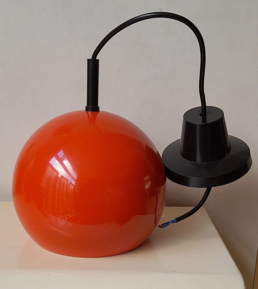 Vintage hanglamp bollamp oranje metaal, Huis en Inrichting, Gebruikt, Vintage, Metaal, E27 (groot)