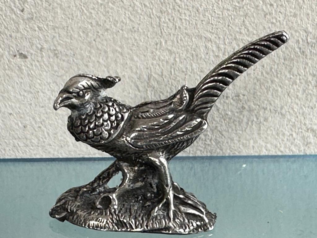 Oud verzilverd Fazant vogel beeldje 4/3.5 cm H, Ophalen of Verzenden