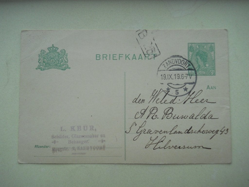 Nederland Briefkaart Kon. Wilhelmina Rondstempel Zandvoort, Postzegels en Munten, Brieven en Enveloppen | Nederland, Ophalen of Verzenden
