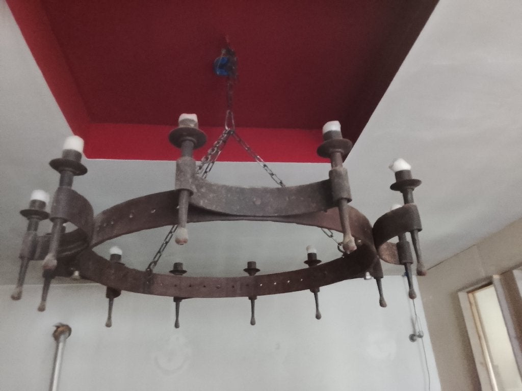 Zware massieve stalen kasteel kaarsen plafonnière, Ophalen of Verzenden, Gebruikt, Metaal, Kasteel, Robuust, Industrieel
