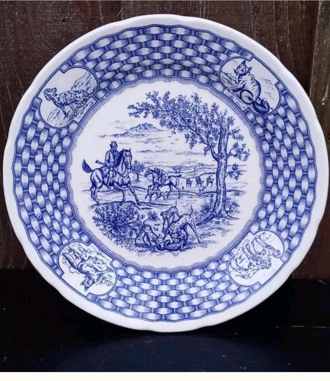 Vintage Blauw Wit Bord met Jachttafereel en Dalmatiërs, Ophalen of Verzenden