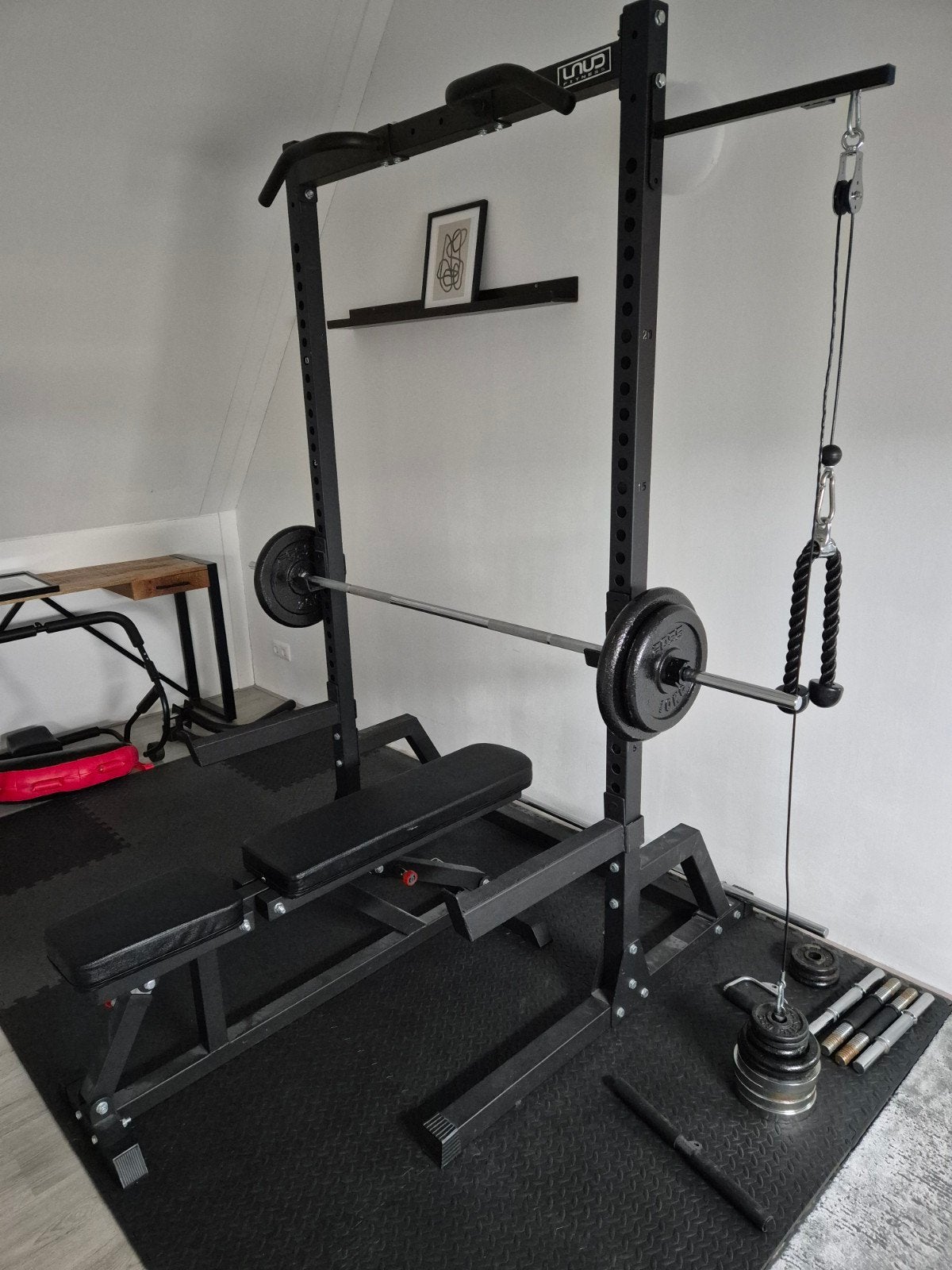 Complete Half rack set incl. halterbank, gewichten+diverse, Ophalen, Gebruikt, Krachtstation, Benen