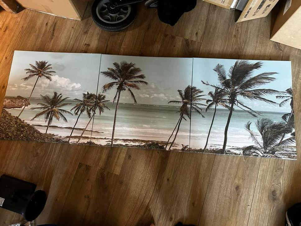Wanddecoratie: Tropisch Strand met Palmbomen (3-delig), Huis en Inrichting, Woonaccessoires | Schilderijen, Tekeningen en Foto's