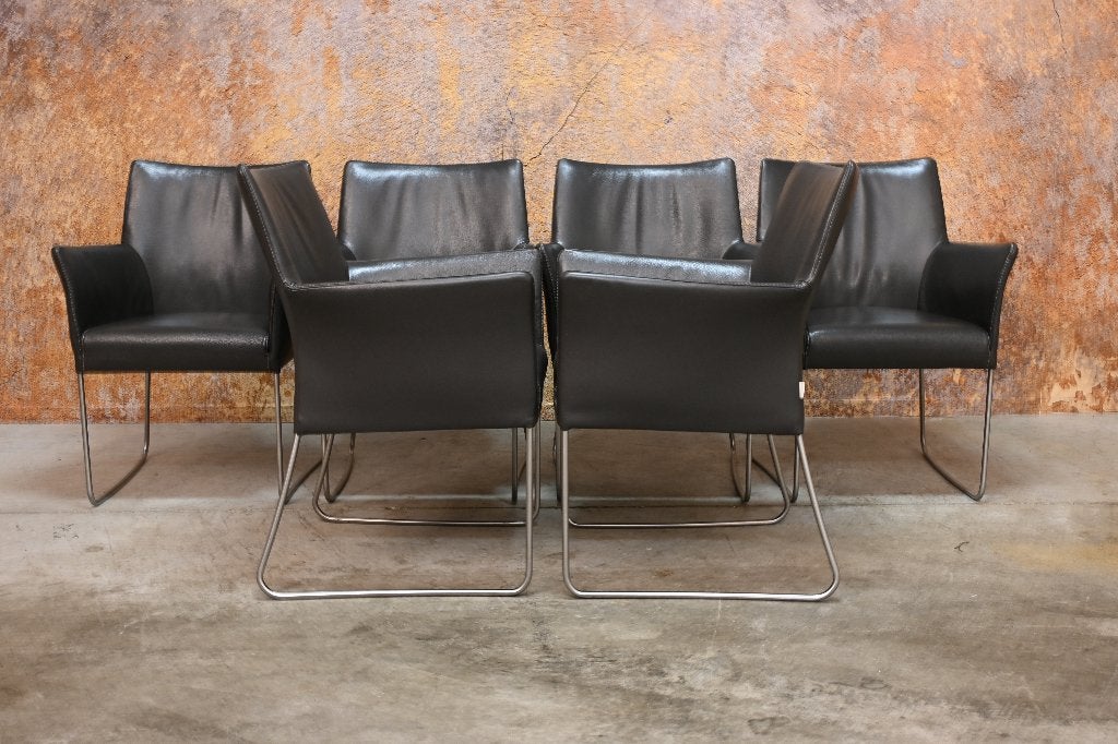 IZG Staat 6 grijze leren Bert Plantagie Paris design stoelen, Ophalen of Verzenden, Zo goed als nieuw, Bert Plantagie, Vijf, Zes of meer stoelen