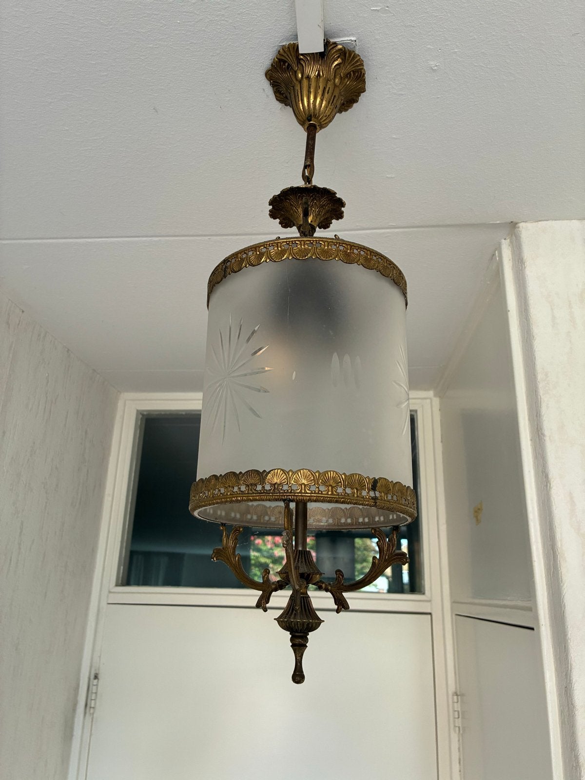 Antieke bronzen hanglamp met geëtst glas, Antiek en Kunst, Ophalen