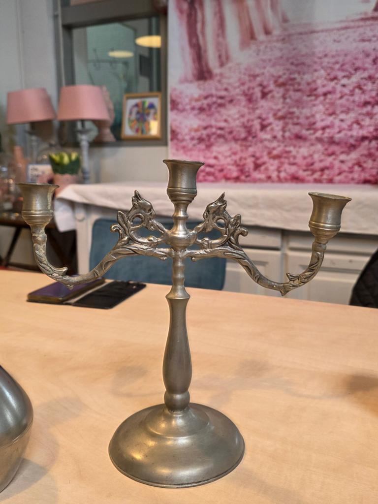 Tinnen kandelaars , kannetje en vaas, Ophalen, Overige materialen
