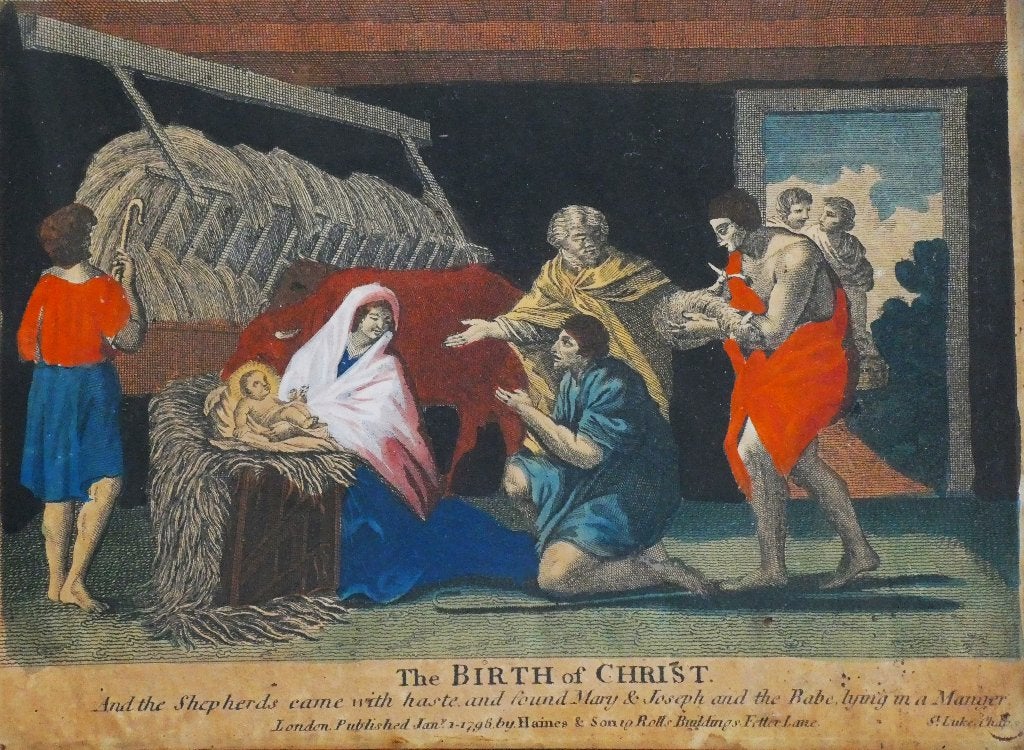 Britse gravure uit 1796 van The Birth of Christ kerststal, 26 cm, Religie, Ingelijst, Ophalen of Verzenden