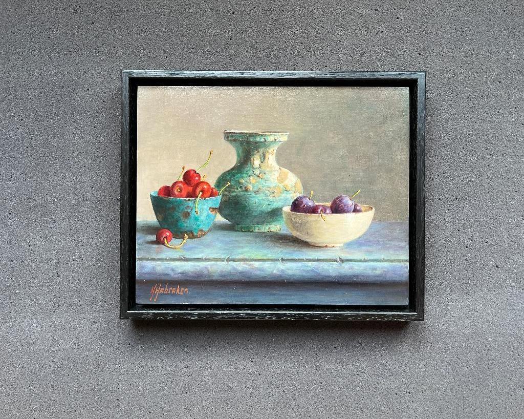 Schilderij kersen en pruimen in een schaaltje., Ophalen of Verzenden