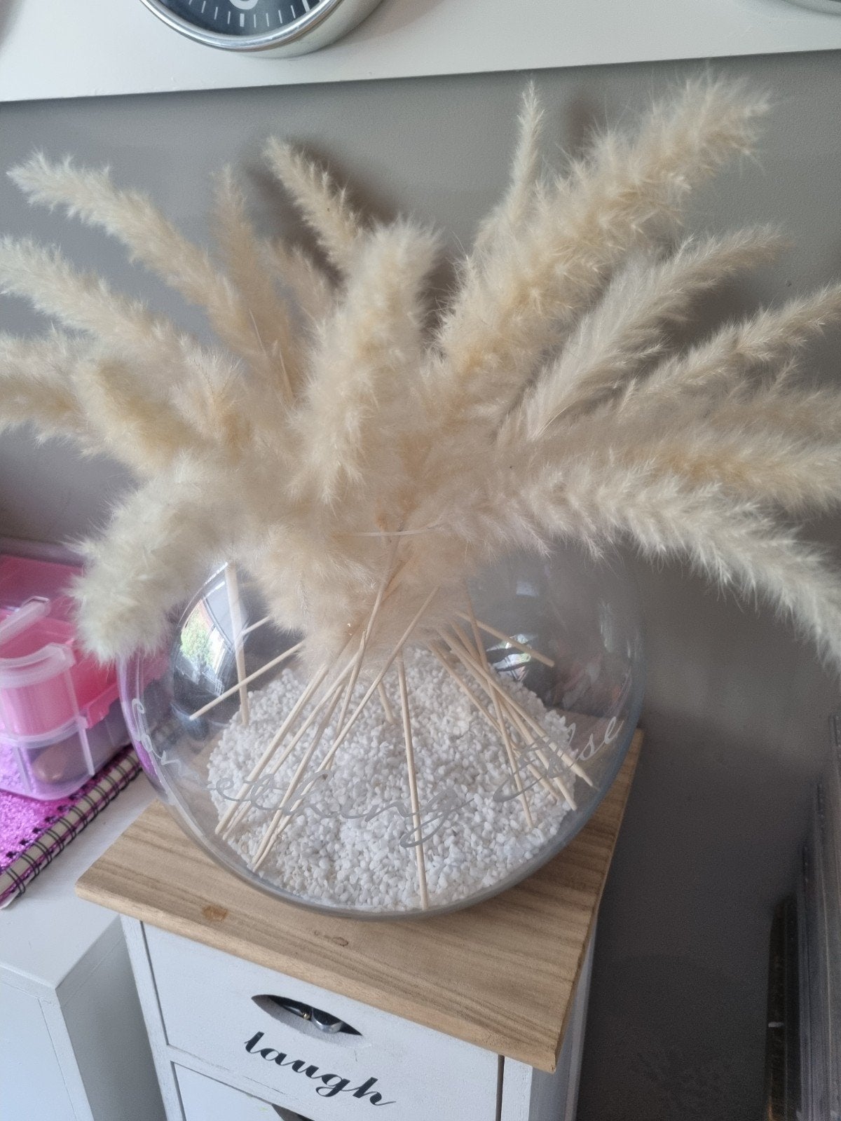Riviera Maison Grote Ronde Vaas incl. Pampas, Huis en Inrichting, Ophalen, Transparant, Inclusief decoratie, Glas