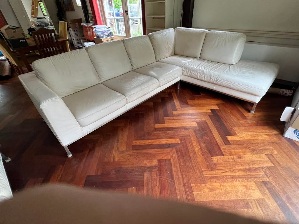 Modern creme wit leren hoekbank met lounge, Huis en Inrichting, Ophalen, Gebruikt