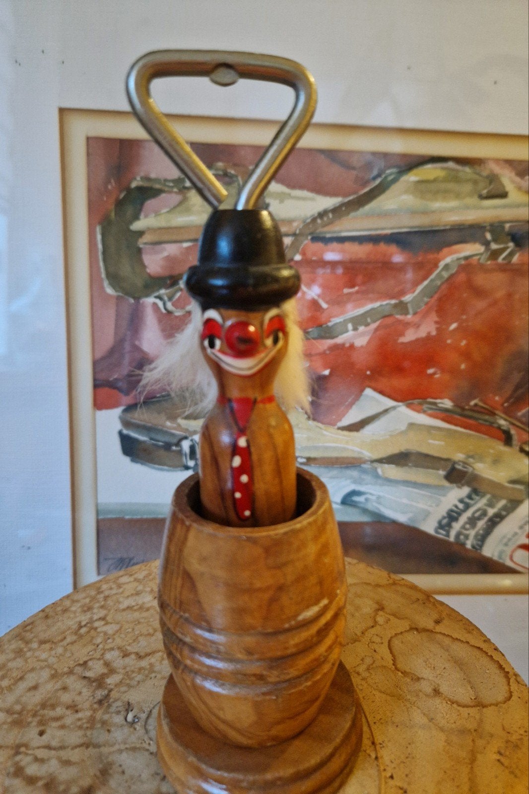 Vintage houten clown flessenopener in vat, Ophalen of Verzenden