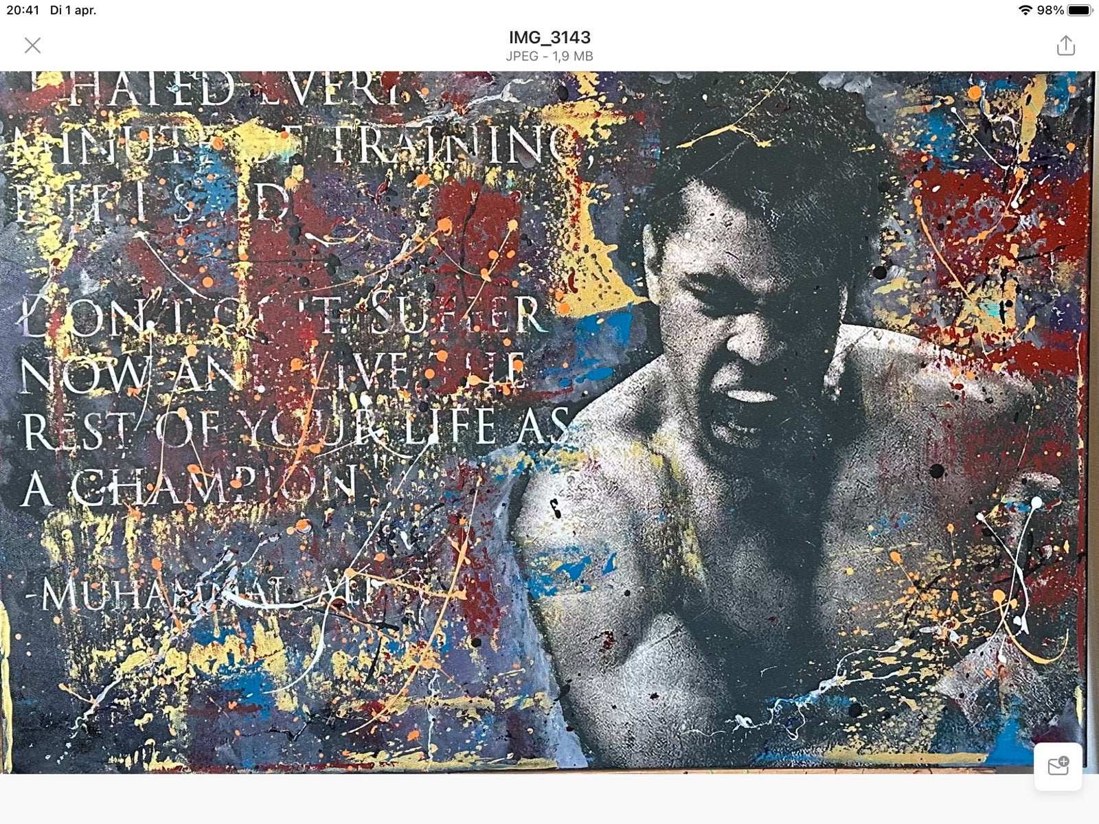 Mohamed Ali- Katoenen canvasdoek- Mixed Media-60x90cm, Ophalen of Verzenden, Nieuw, Bokszak