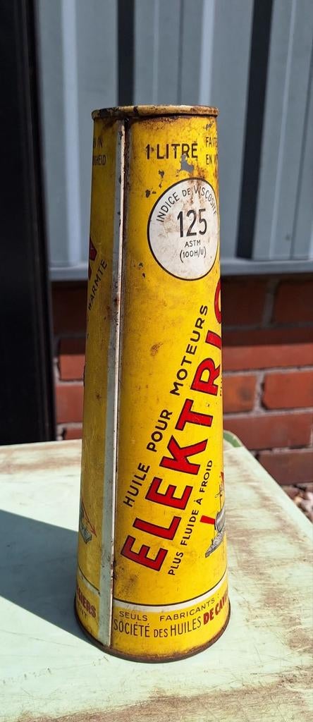 Vintage conisch olieblik Elektrion️⛽️, Verzamelen, Gebruikt, De Cavels & Roegiers, Info@decavelsroegiers.be, Gent, België