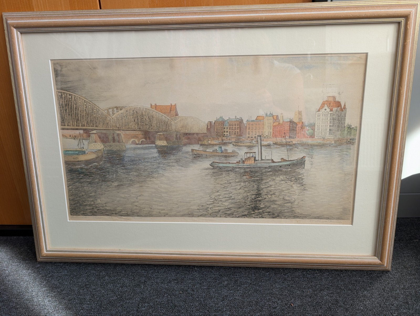 Mooi schilderij van de Rotterdamse haven met een stoomboot, Antiek en Kunst, Ophalen, Oud hollands, Tekening, Maritiem / water