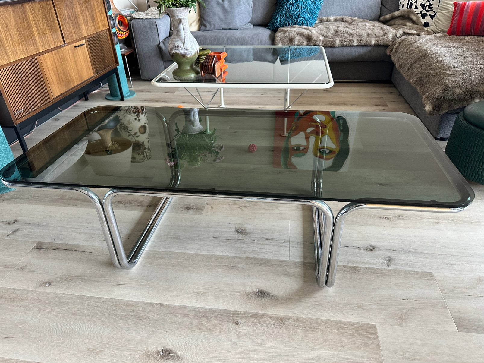 Zware kwaliteit coffee table rookglas salontafel jaren 70/80, Ophalen, Gebruikt, 100 tot 150 cm, 50 tot 100 cm
