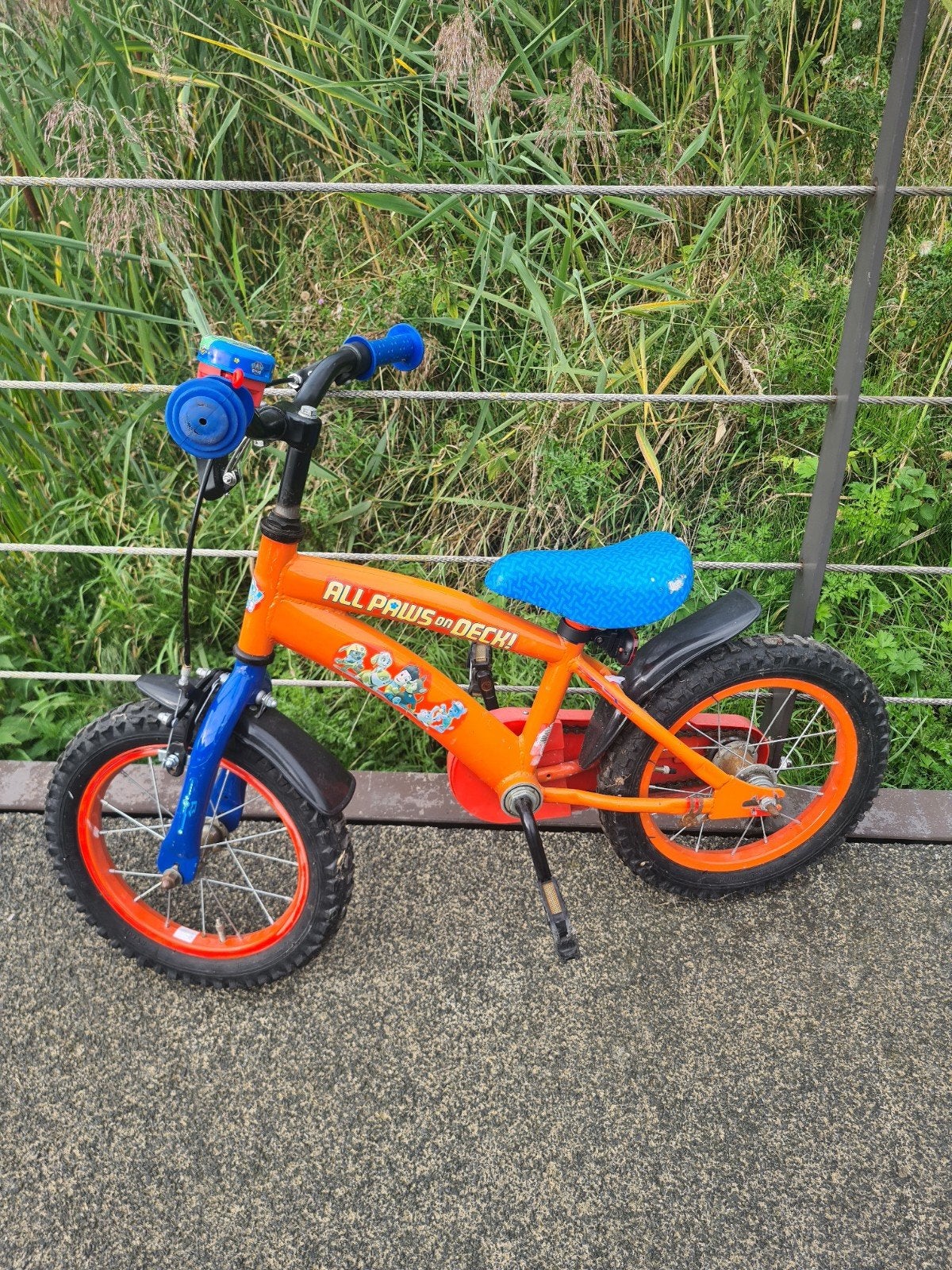 Paw Patrol Kinderfiets 14 inch - Oranje/Blauw, Gebruikt, Ophalen of Verzenden, Minder dan 16 inch, Terugtraprem