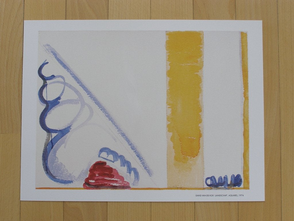 Reproductie: David van de Kop – Landschap; aquarel, 1974, Ophalen of Verzenden