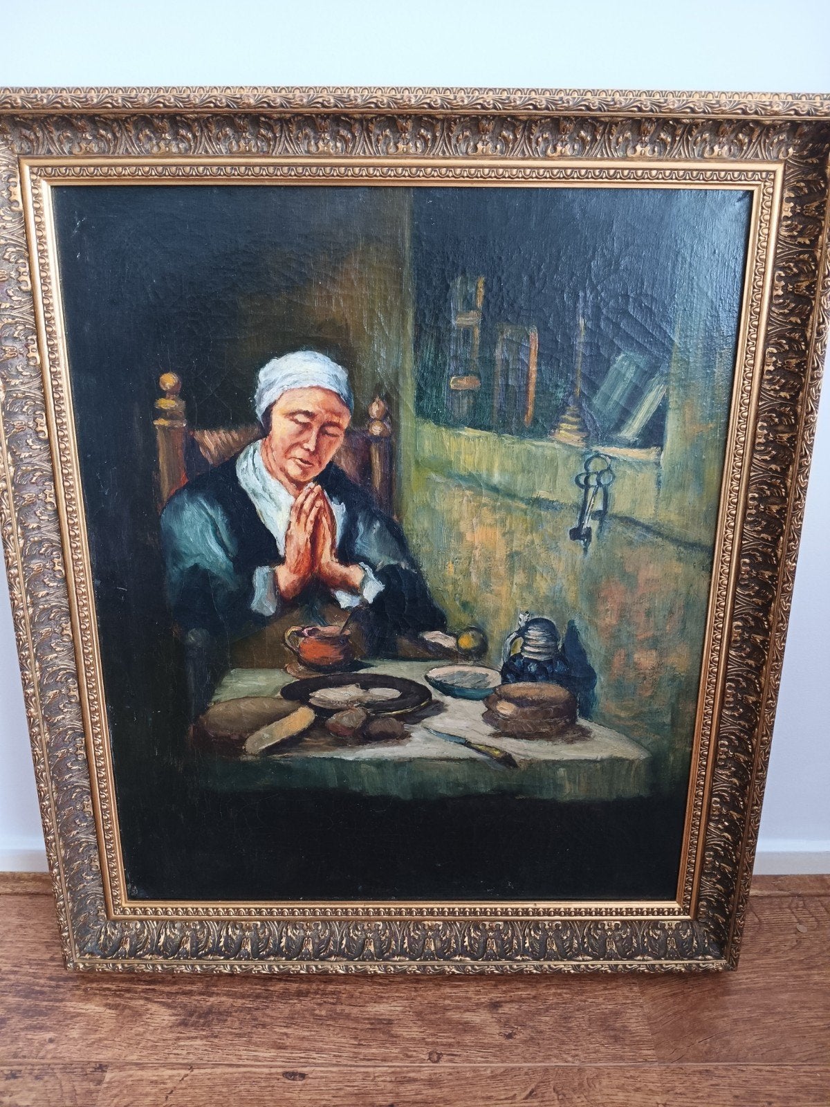 Oud Hollands schilderij: Biddende vrouw aan tafel, Antiek en Kunst, Ophalen, Doek, Portret of Personen, Oud hollands
