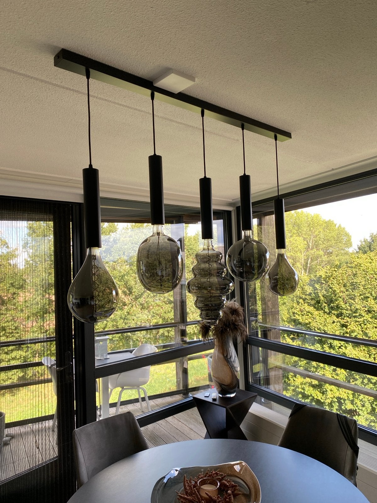 Moderne hanglamp met 5 unieke LED filament lampen, Ophalen, Zo goed als nieuw, Metaal, E27 (groot)