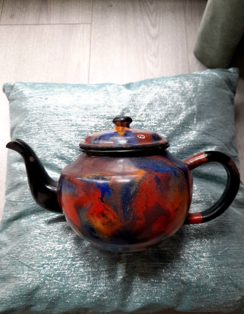 Vintage emaille theepot gemarmerd 'End of Day'-patroon, Ophalen of Verzenden